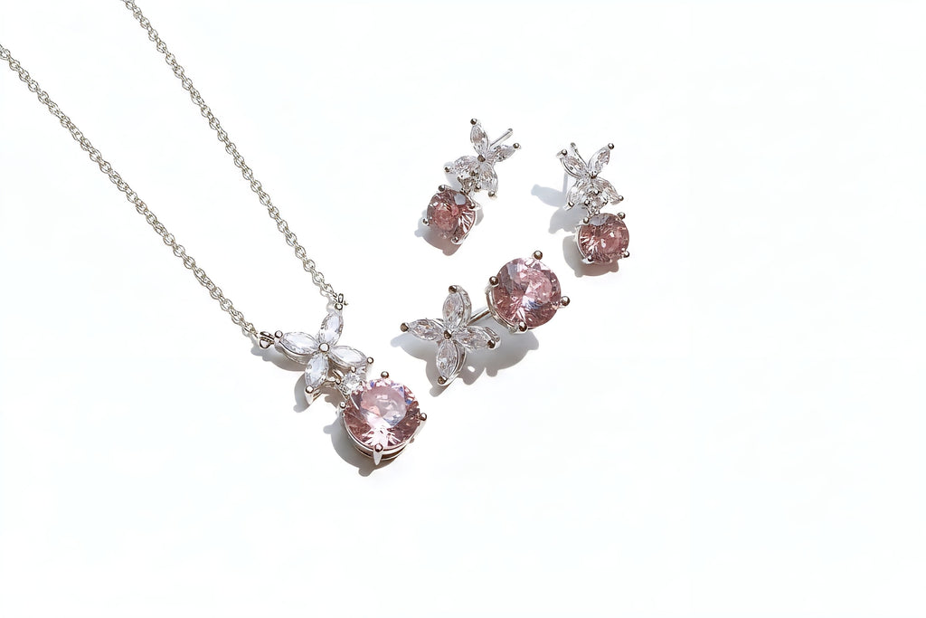 Pink Crystal Floral Jewelry Set